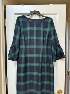 Talbots Navy and Green Plaid Bell-Sleeve Shift Dress